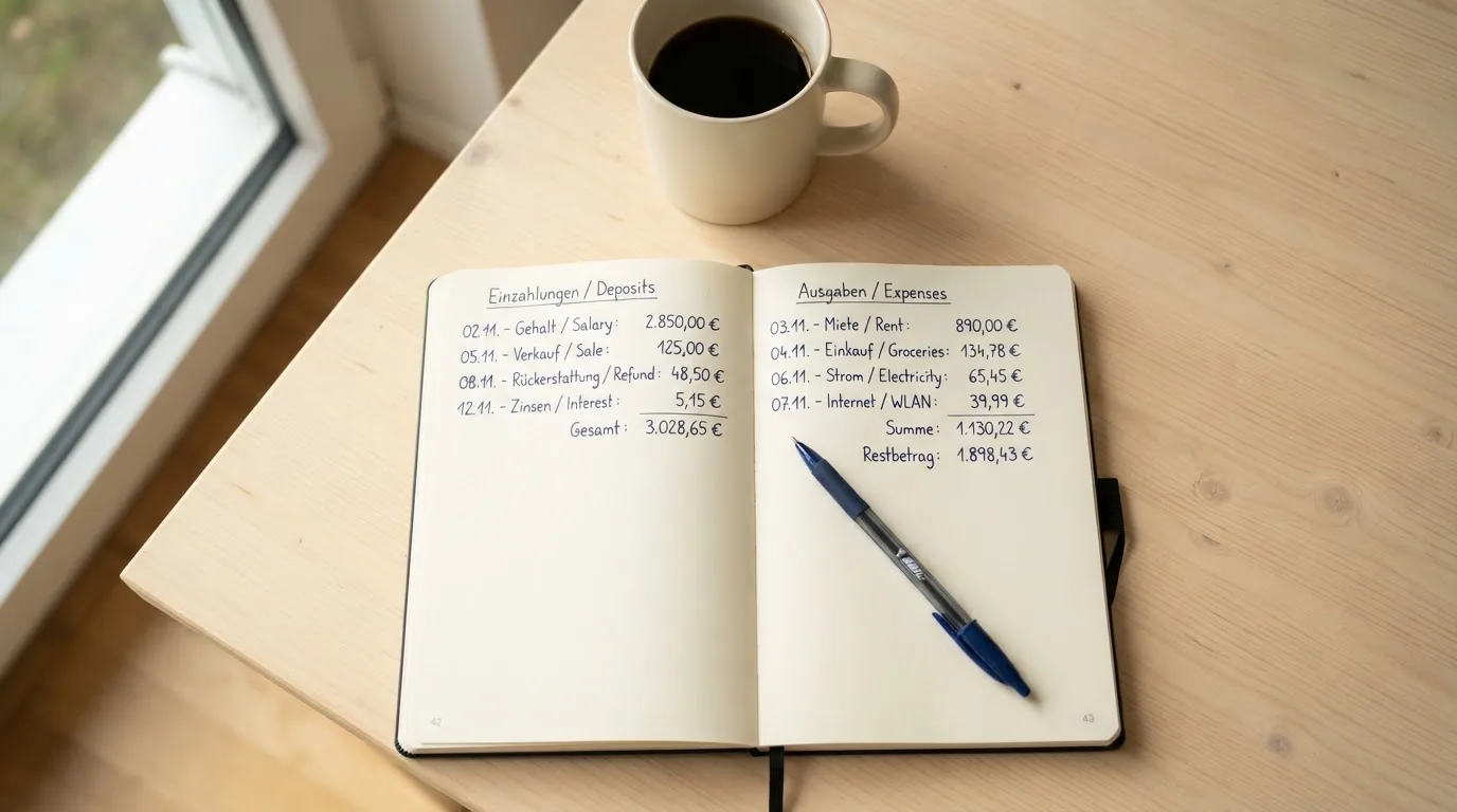 Ein aufgeschlagenes Notizbuch mit handschriftlichen Notizen und ein Kugelschreiber liegen auf einem hellen Schreibtisch neben einer Kaffeetasse.