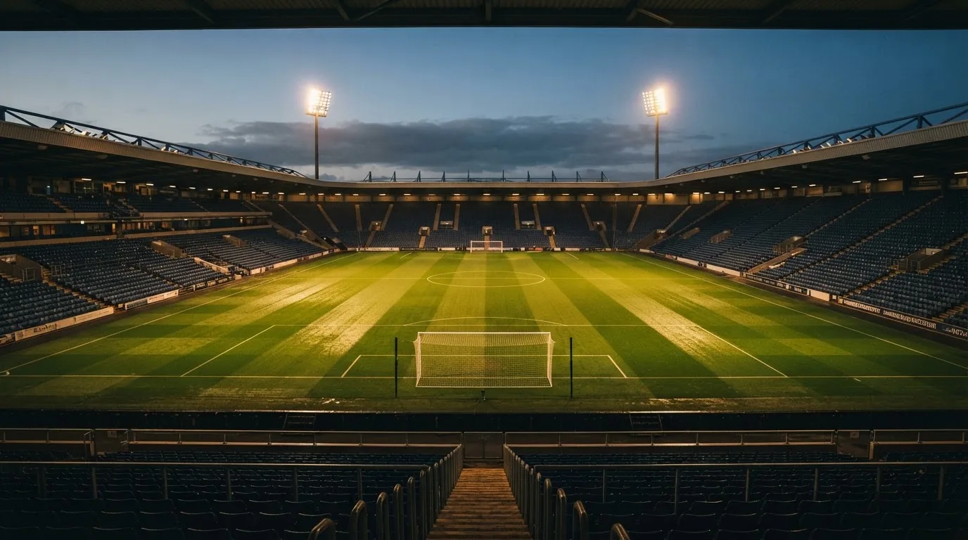 Ein Fußballplatz mit Flutlichtmasten in der Abenddämmerung, aus der Ferne gesehen, leere Tribünen und nasser Rasen unter bewölktem Himmel.