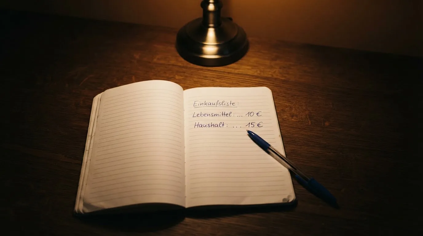 Ein Taschenrechner und ein Blatt Papier mit handschriftlichen Notizen liegen auf einem Schreibtisch unter dem warmen Licht einer Lampe.
