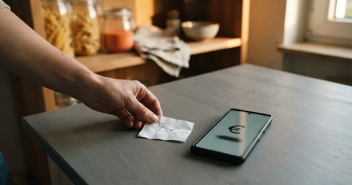 Eine Hand legt ein paar Münzen neben ein umgedrehtes Smartphone auf eine graue Tischplatte, dahinter verschwommen ein Küchenregal.
