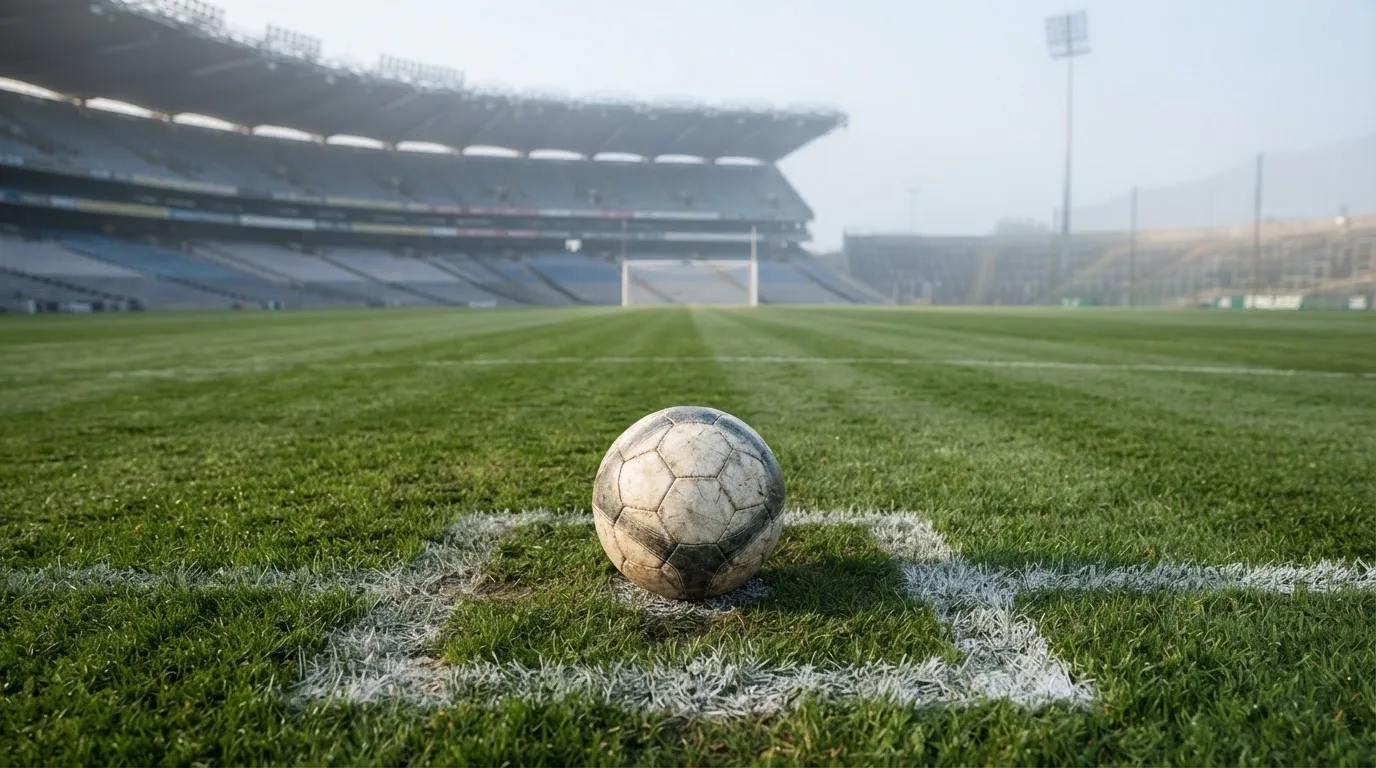 Ein Fußball liegt auf dem Elfmeterpunkt eines leeren Rasenplatzes, im Hintergrund eine Tribüne im Dunst.