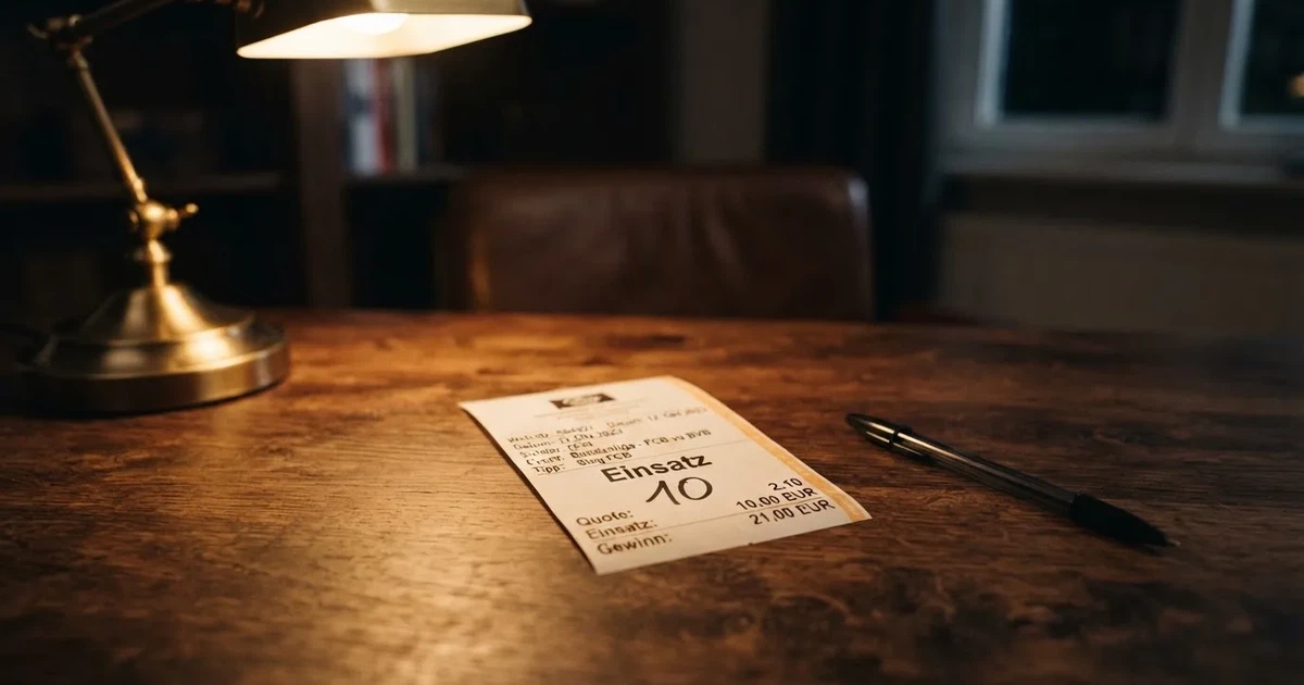 Ein leerer Wettschein aus Papier liegt neben einem Stapel Euro-Münzen auf einem dunklen Holztisch, seitlich von einer Schreibtischlampe beleuchtet.
