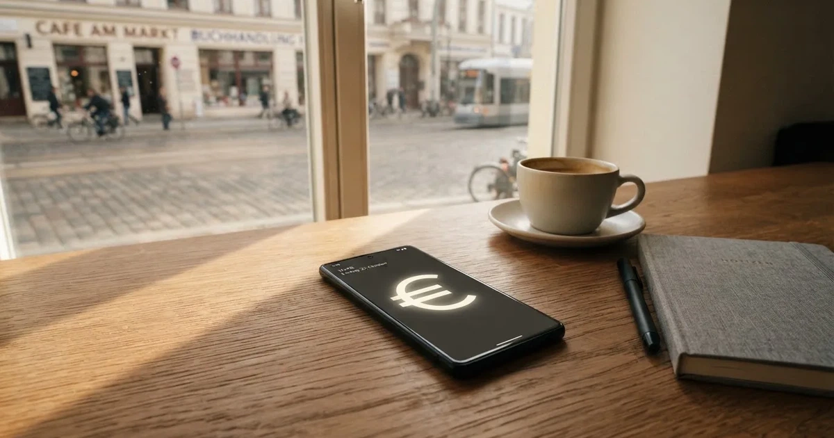 Zwei Euro-Scheine und ein Smartphone liegen auf einem Holztisch neben einer Tasse, im Hintergrund ein unscharfes Fenster.