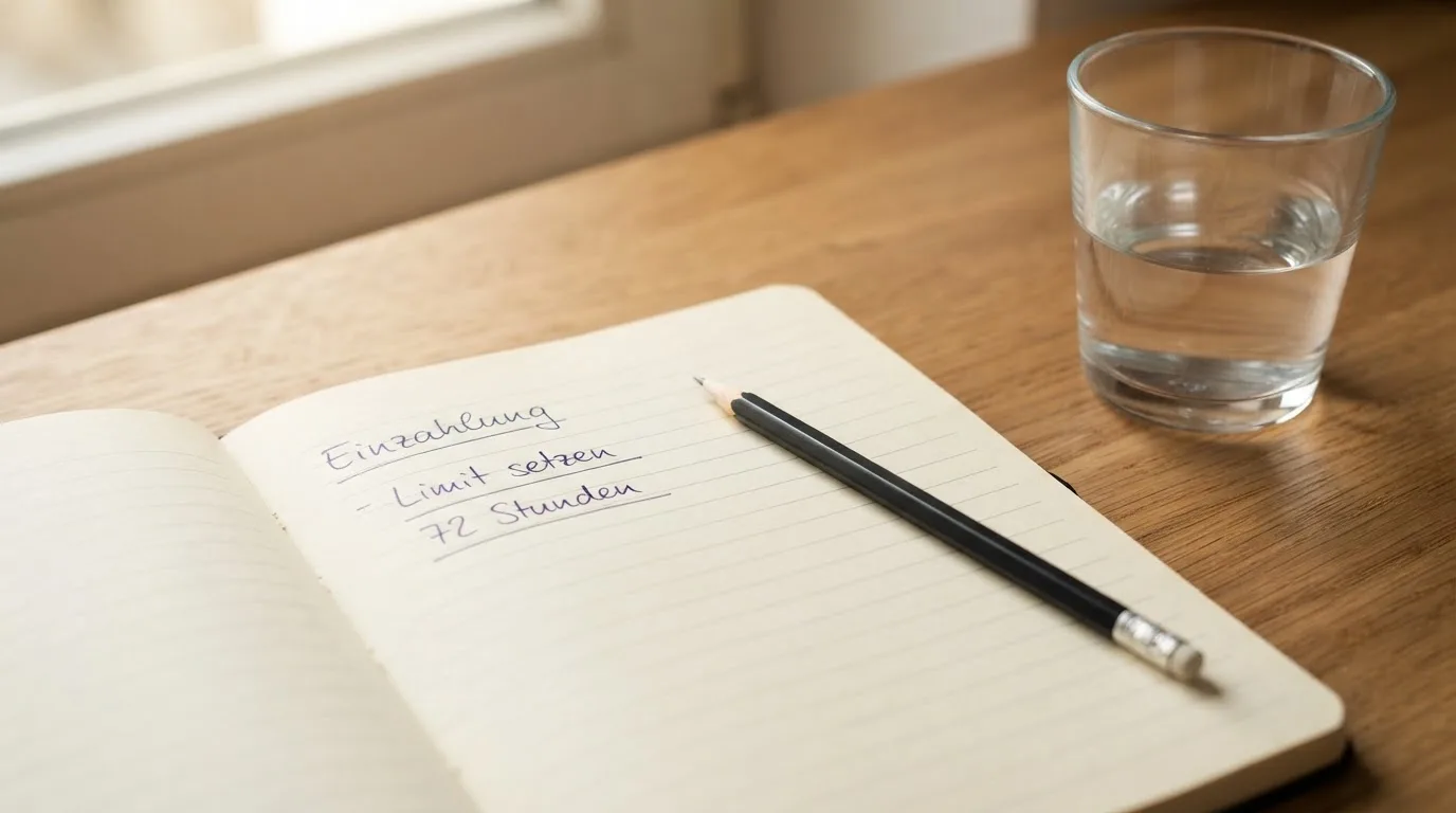 Ein aufgeschlagenes Heft mit handschriftlichen Notizen und ein Bleistift liegen auf einem Schreibtisch, daneben ein Glas Wasser.