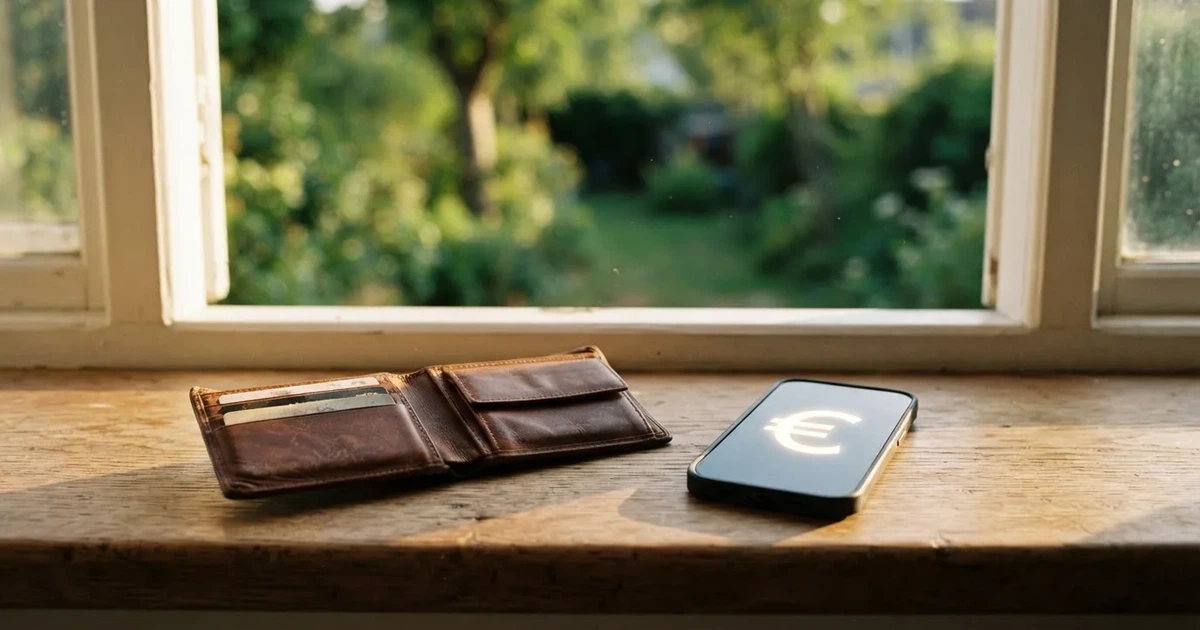 Eine Geldbörse aus Leder liegt geöffnet neben einem Smartphone auf einer Fensterbank, im Hintergrund ein Garten im Gegenlicht.