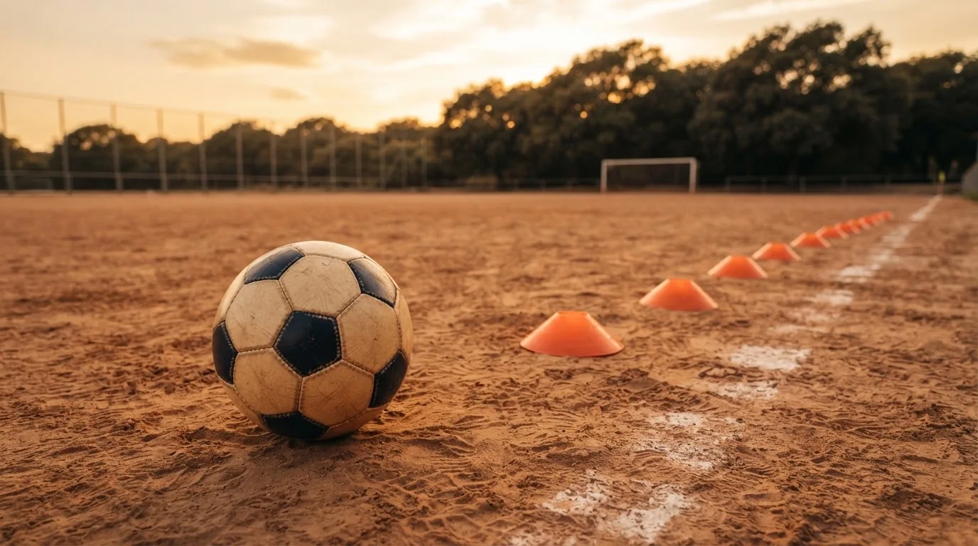 Ein Fußball auf rotem Sandboden neben einer Reihe Hütchen auf einem Trainingsplatz bei untergehender Sonne.