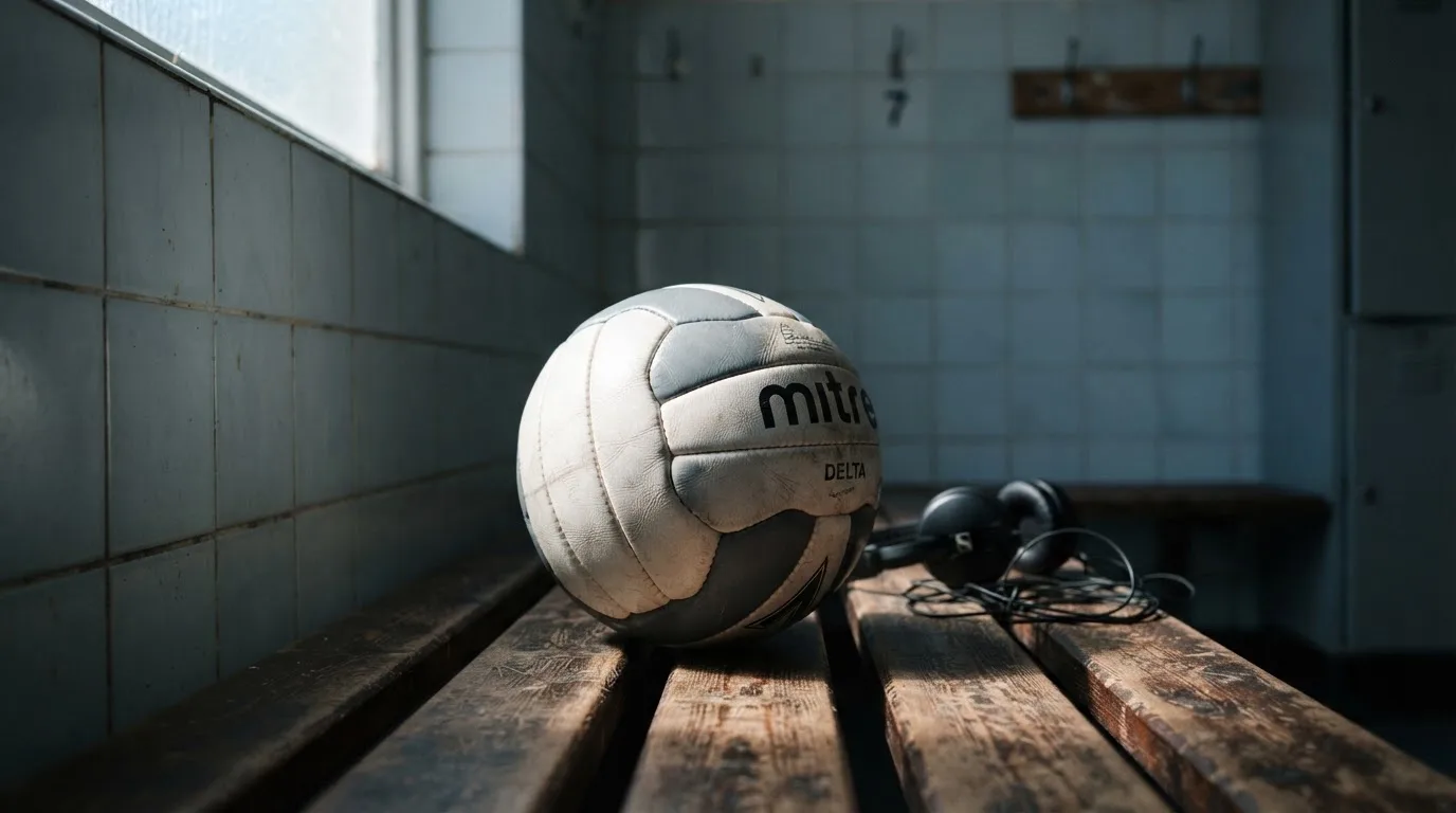 Ein Fußball liegt neben Kopfhörern auf einer Holzbank in einer Umkleide, Licht fällt durch ein schmales Fenster.