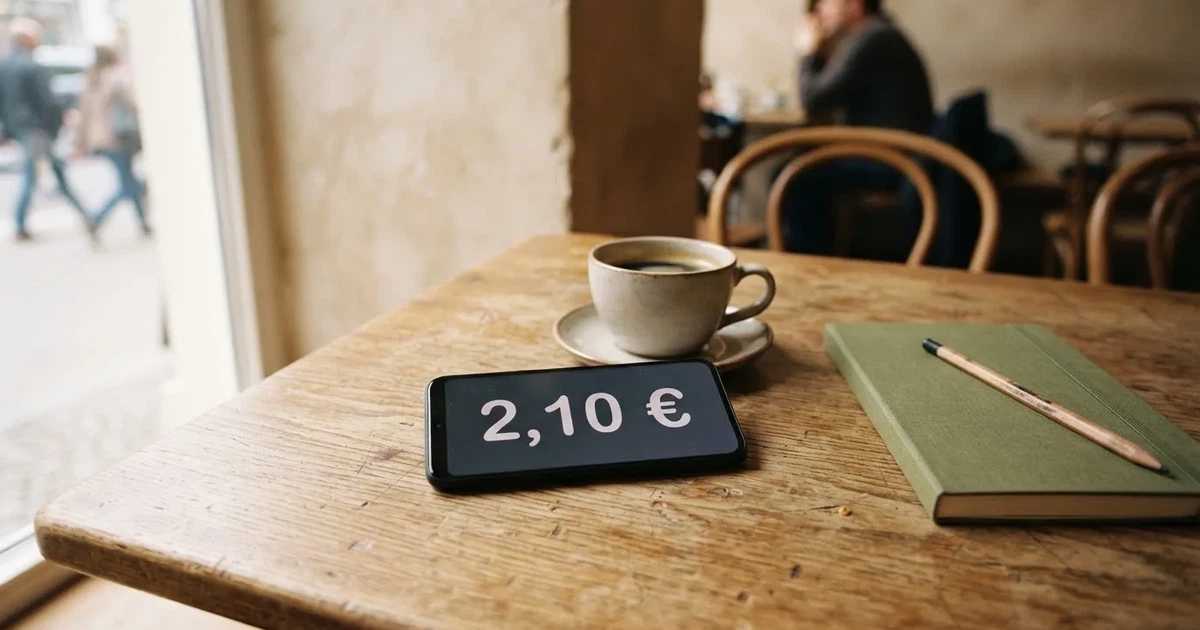 Ein Smartphone mit dunklem Bildschirm liegt auf einem Tisch in einem Café, daneben eine Tasse und ein Notizbuch.