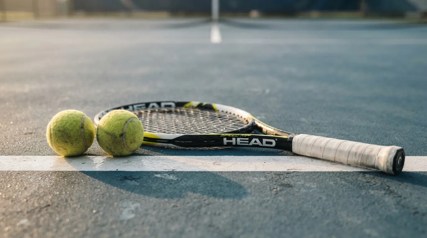 Zwei Tennisbälle und ein Schläger liegen auf der Grundlinie eines Hartplatzes, kleine Wassertropfen glänzen auf dem Belag.