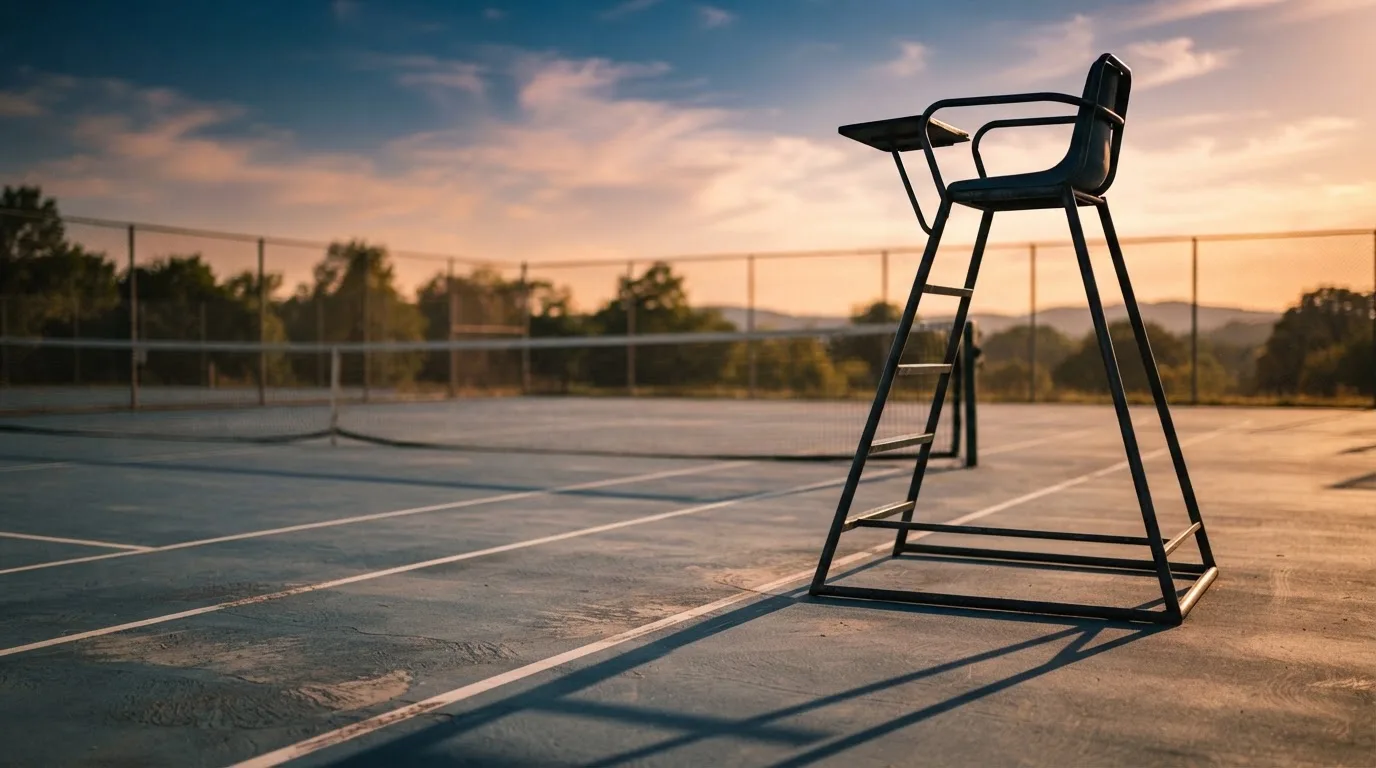 Ein leerer Schiedsrichterstuhl am Spielfeldrand eines Tennisplatzes im Abendlicht, lange Schatten auf dem Belag.
