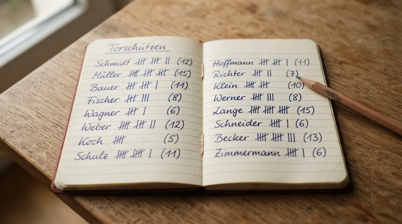 Ein handschriftlich geführtes Heft mit Strichlisten liegt neben einem Bleistift auf einem Tisch, seitlich fällt Tageslicht herein.