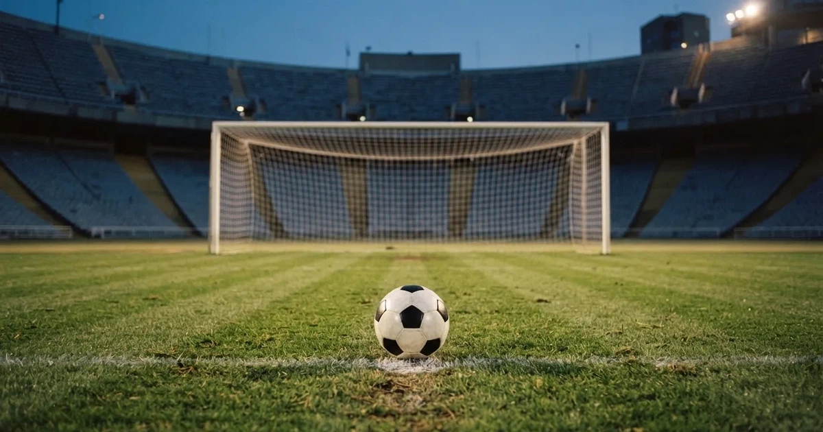 Ein Fußball liegt im Strafraum direkt vor dem Tor mit Netz, im Hintergrund leere Ränge bei Dämmerung.
