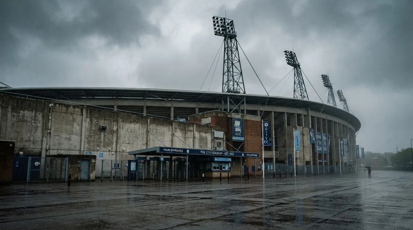 Ein leeres Stadion von außen, hohe Flutlichtmasten vor einem grauen Himmel mit Regenwolken.