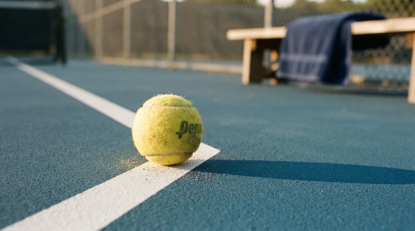 Ein gelber Tennisball liegt auf einer weißen Linie, daneben ein Handtuch auf einer Bank am Spielfeldrand.