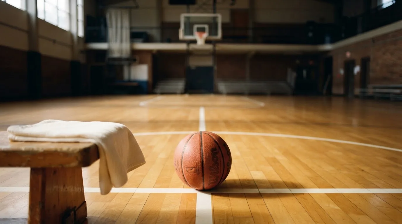Ein Basketball liegt auf der Freiwurflinie einer Halle, im Vordergrund ein Handtuch auf einer Bank.