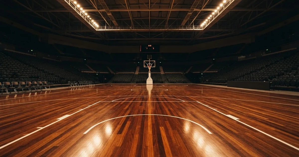 Eine leere Basketballhalle mit glänzendem Parkett und einem Korb im Hintergrund, Licht von Deckenstrahlern spiegelt sich im Boden.