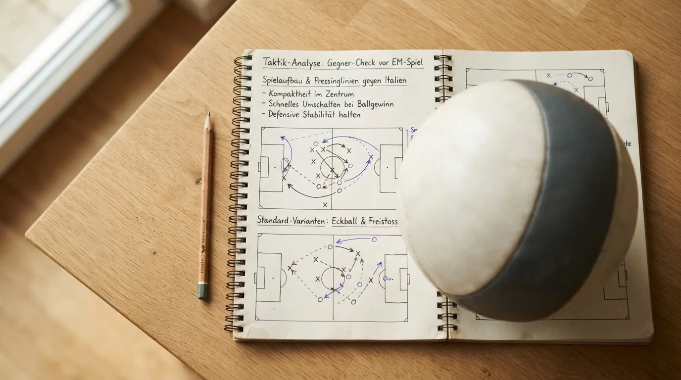 Ein Fußball liegt auf einem Notizbuch mit handgezeichneten Skizzen von Spielzügen, aufgenommen von oben auf einem Holztisch.