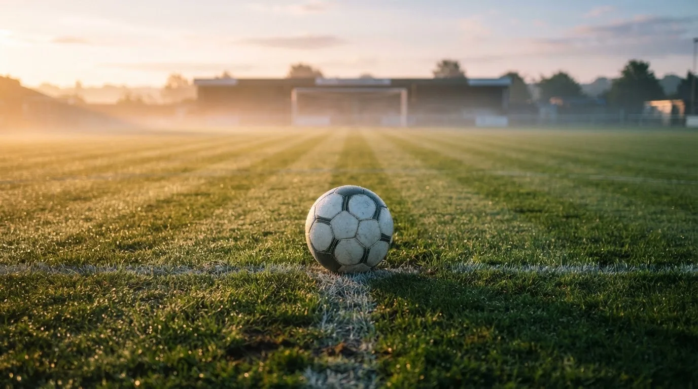 Ein Fußball liegt auf dem Anstoßpunkt eines Rasens bei Sonnenaufgang, Tau glitzert auf den Halmen.
