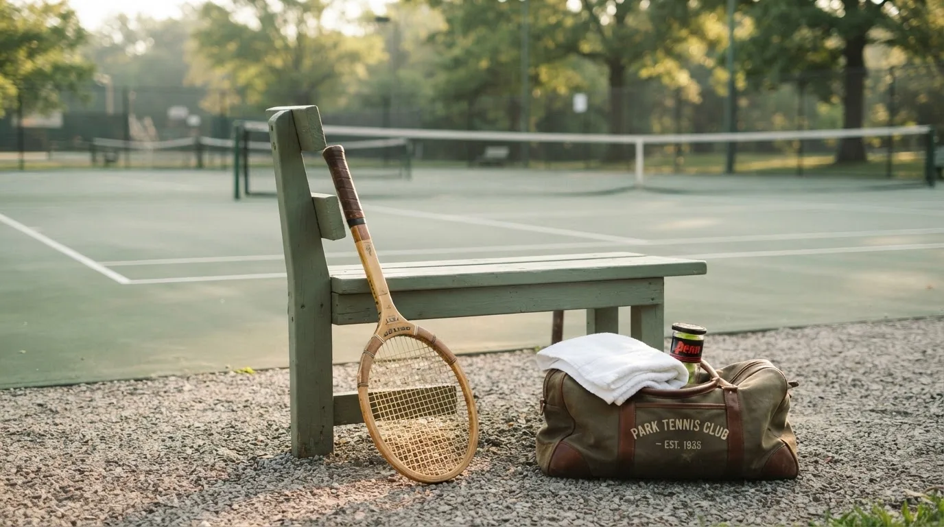 Ein Tennisschläger lehnt an einer Bank neben einer Sporttasche, im Hintergrund ein leerer Platz.