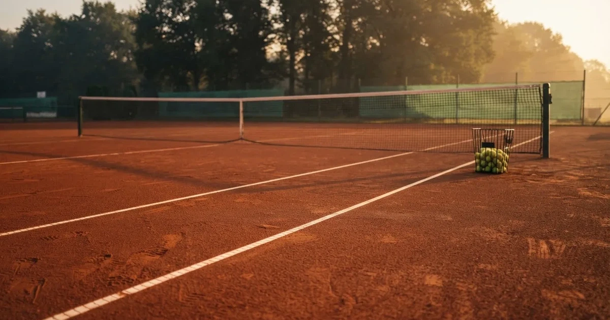 Ein Sandplatz mit frisch gezogenen Linien in der Nachmittagssonne, Netz und Ballkorb am Rand, keine Menschen.