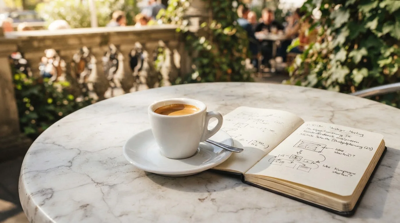 Eine Espressotasse steht auf einem kleinen Marmortisch einer Terrasse, daneben ein Notizheft mit handschriftlichen Skizzen.