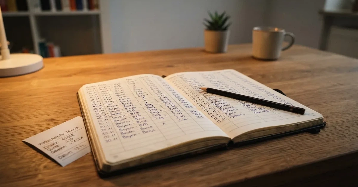 Ein aufgeschlagenes Notizbuch mit handschriftlichen Zahlenreihen und ein Bleistift liegen neben einem Taschenrechner auf einem Schreibtisch.