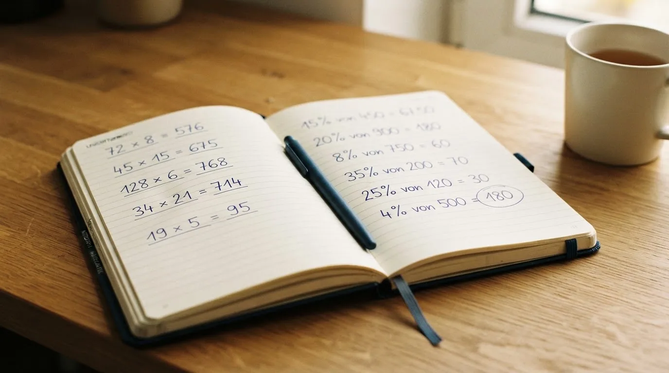 Ein Notizbuch mit handschriftlichen Rechnungen und ein Taschenrechner liegen auf einem aufgeräumten Schreibtisch in warmem Licht.
