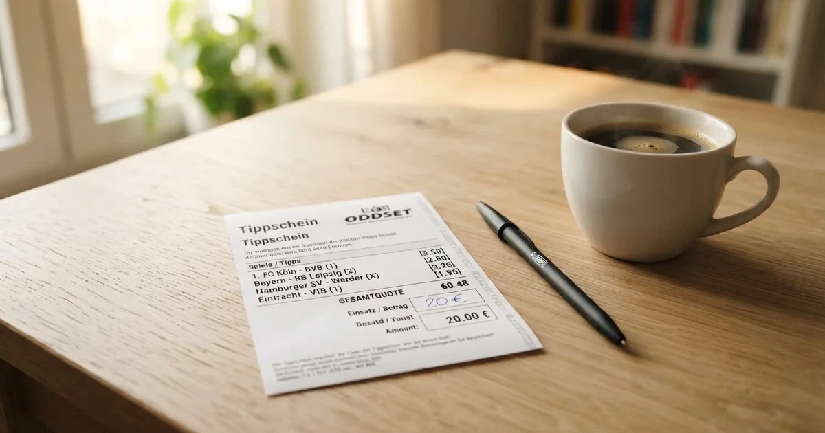 Ein leerer Papier-Wettschein liegt neben einem Kugelschreiber und einer Kaffeetasse auf einem hellen Holztisch, Tageslicht von links.