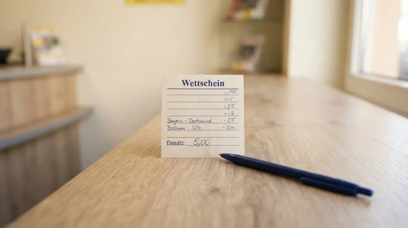 Ein leerer Papier-Wettschein und ein Kugelschreiber liegen auf einer Theke aus hellem Holz im Tageslicht.