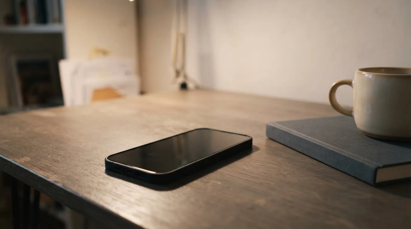 Ein Smartphone liegt mit dunklem Display auf einem Schreibtisch neben einem Notizbuch und einer Kaffeetasse.