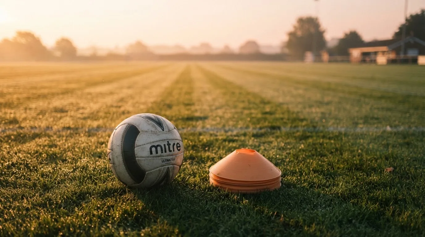 Ein Fußball liegt auf einem Rasenplatz bei Sonnenaufgang, daneben ein kleiner Stapel Trainingshütchen.