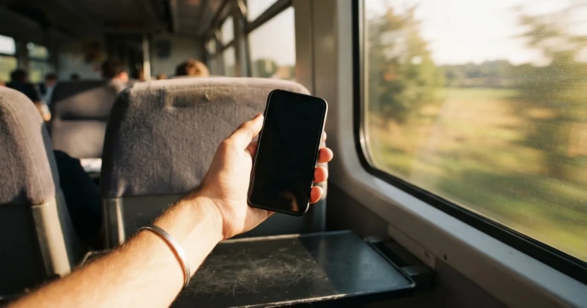 Eine Hand hält ein Smartphone mit dunklem Display in einem Zug, am Fenster ziehen verschwommen Felder vorbei.
