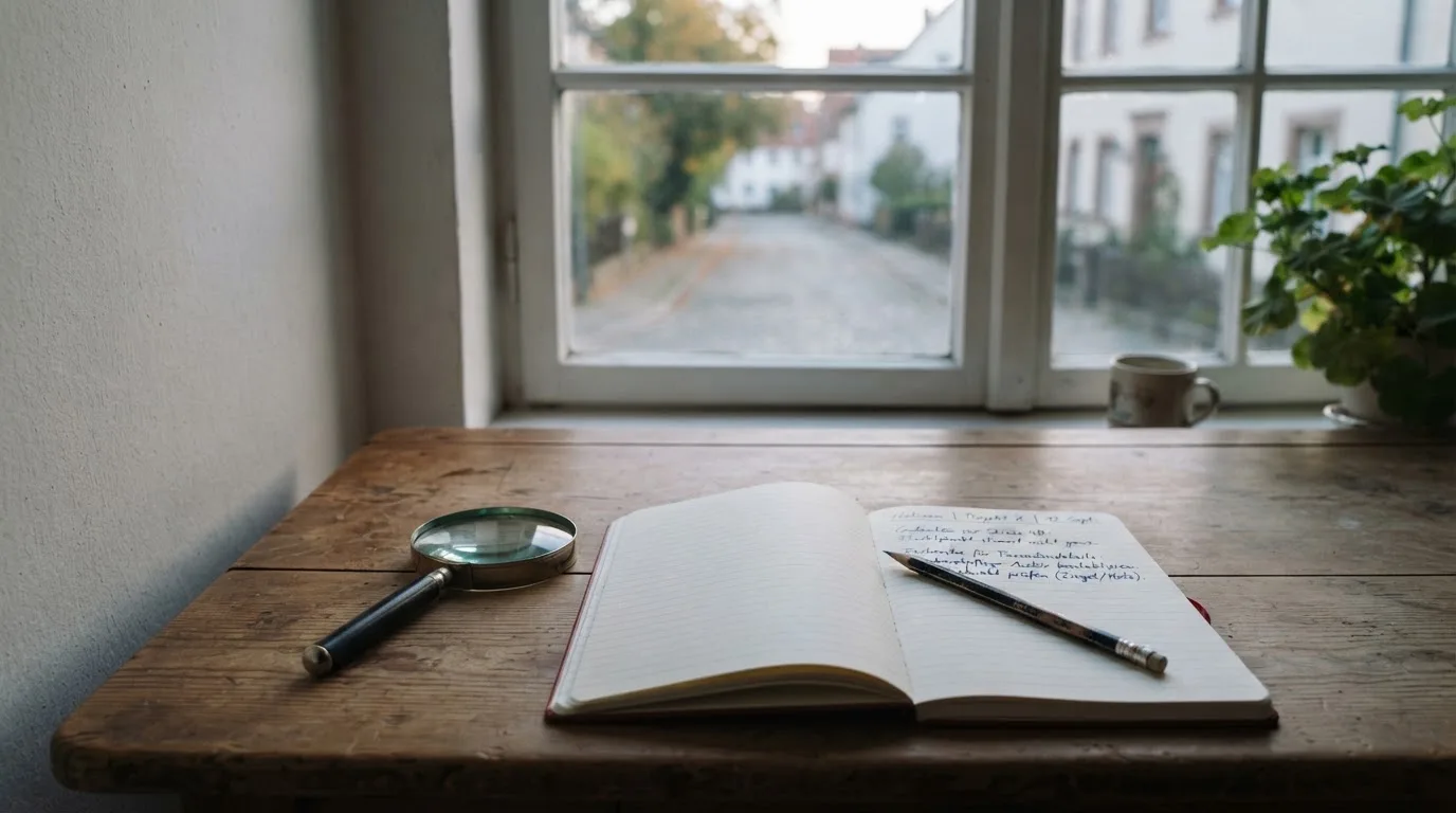 Ein schmaler Schreibtisch am Fenster mit einem Notizbuch, einer Lupe und einem Bleistift im Morgenlicht.