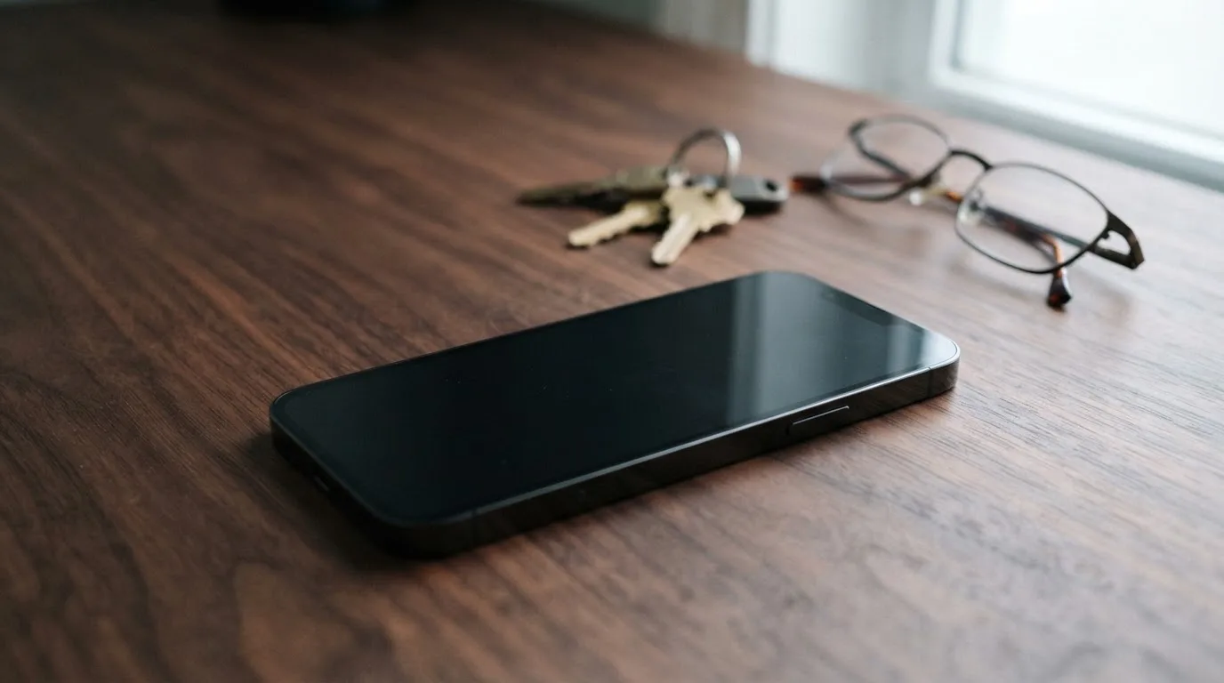 Ein Smartphone liegt mit dunklem Display auf einem Schreibtisch neben einem Schlüsselbund und einer Brille.