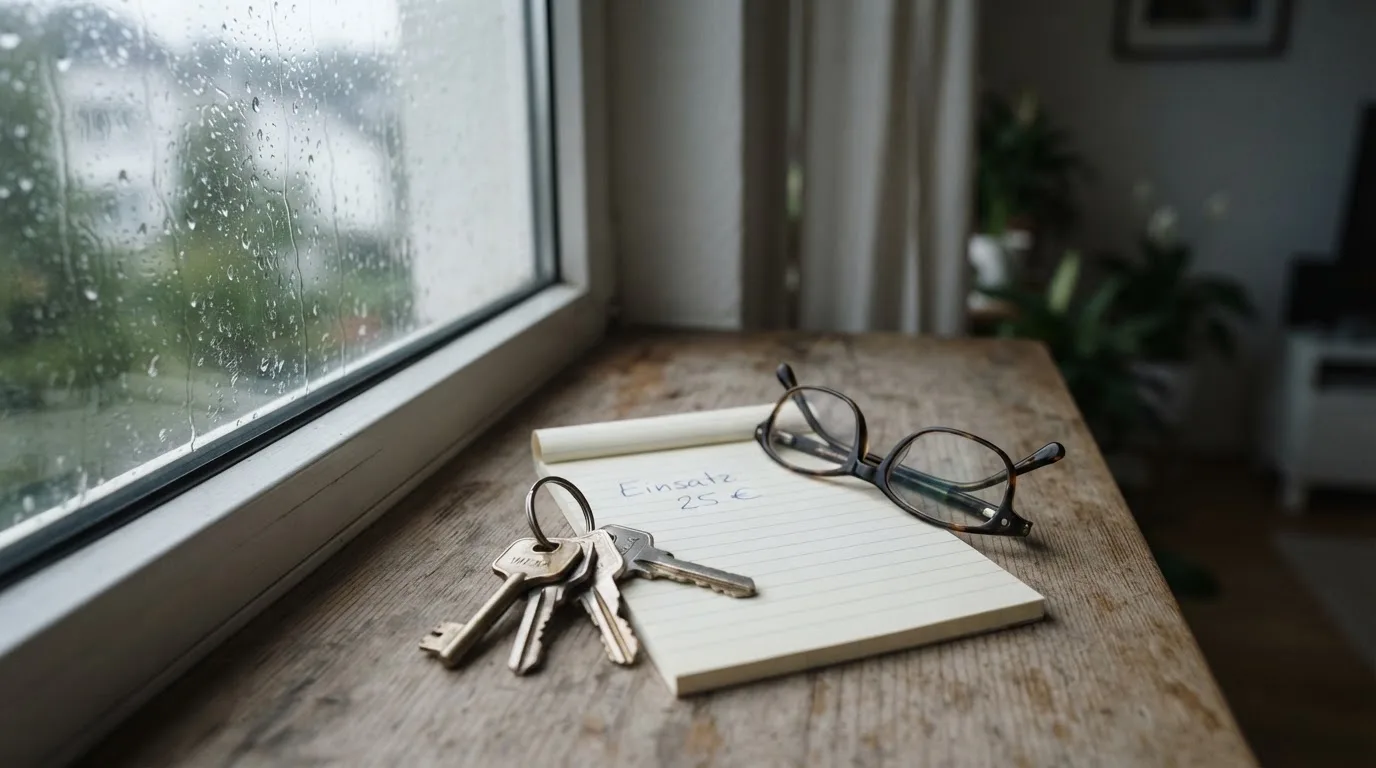 Ein Schlüsselbund und eine Brille liegen auf einem leeren Block neben einem Fenster mit Regentropfen.