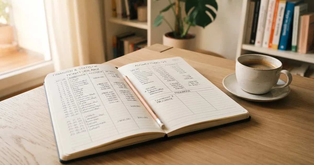 Handschriftliche Zahlenkolonnen in einem Notizbuch, daneben ein Bleistift und eine Tasse Kaffee auf hellem Holz.