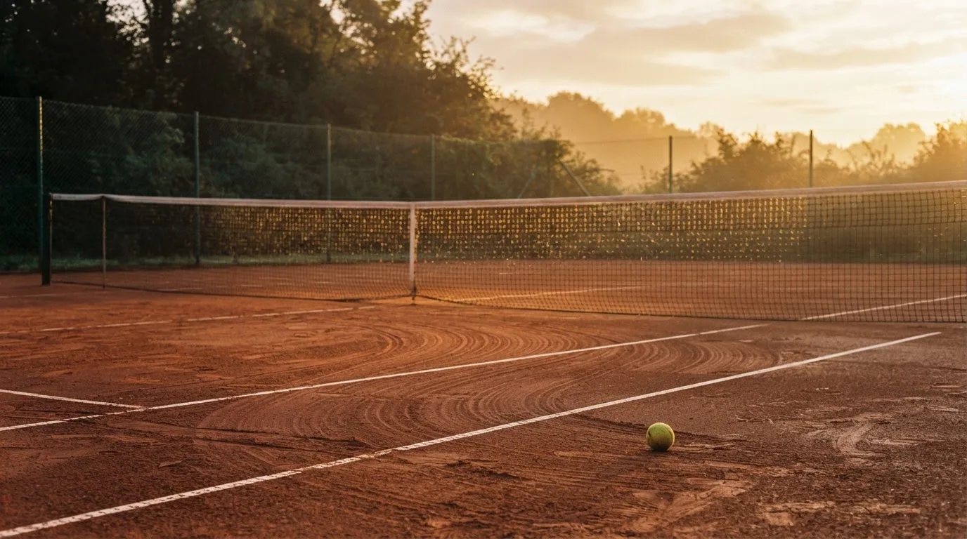 Ein Tennisplatz aus Sand bei Sonnenaufgang, das Netz im Gegenlicht, kein Mensch zu sehen.