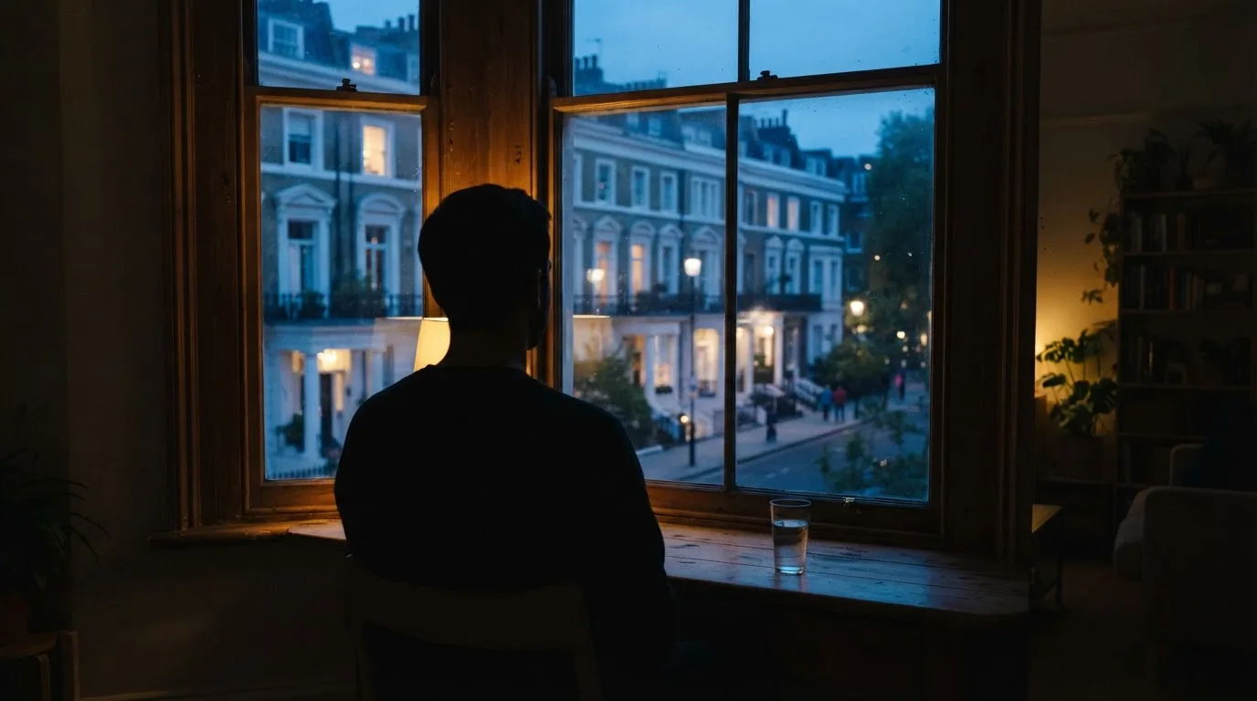 Die Silhouette einer Person sitzt am Abend am Fenster und blickt auf eine Straße, auf dem Fensterbrett steht ein Glas Wasser.