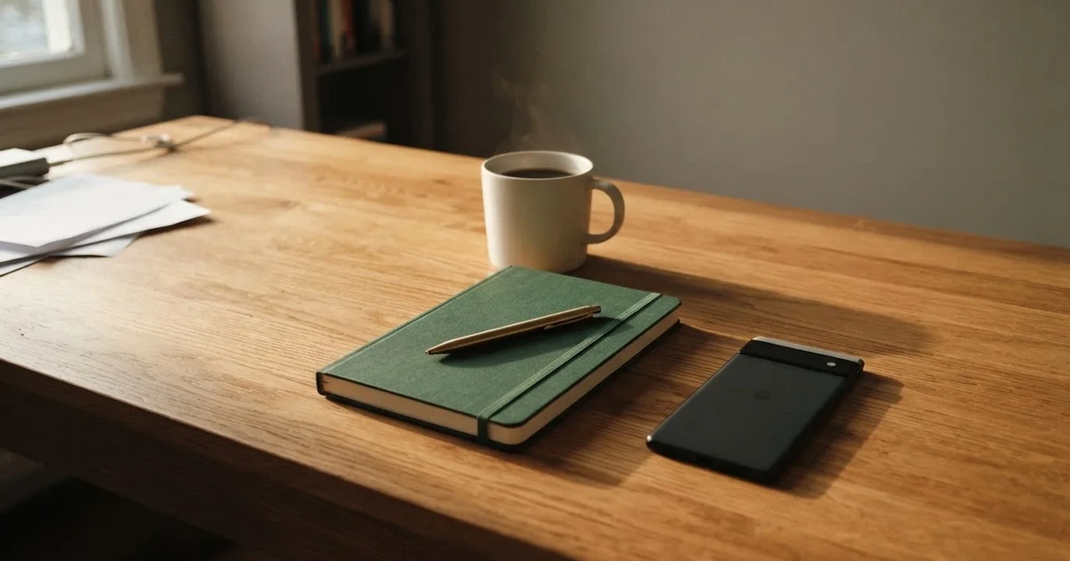 Ein Holzschreibtisch im Morgenlicht mit geschlossenem Notizbuch, Kugelschreiber und Kaffeetasse, daneben ein Smartphone mit dunklem Bildschirm.