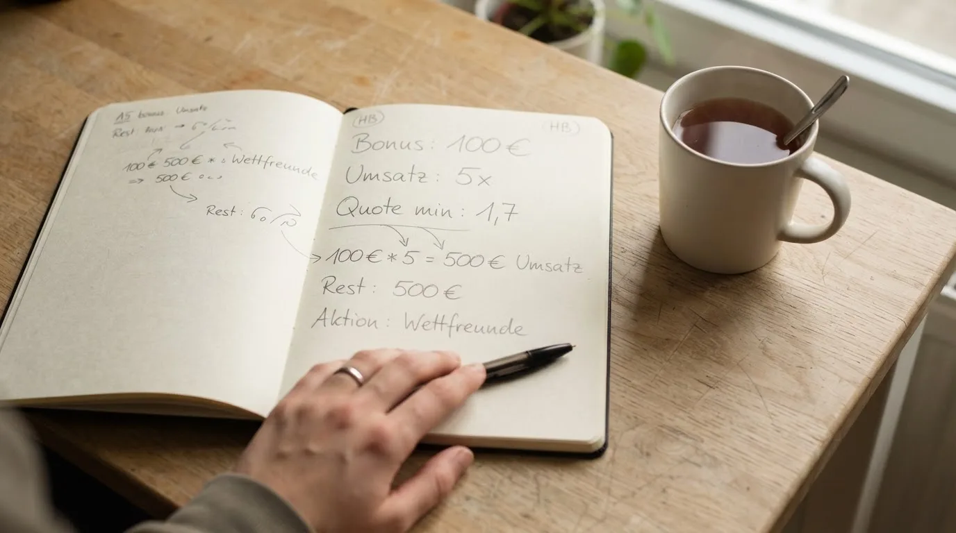 Ein Notizbuch mit handgeschriebenen Rechnungen und ein Taschenrechner auf einem hellen Schreibtisch neben einer Tasse Tee.