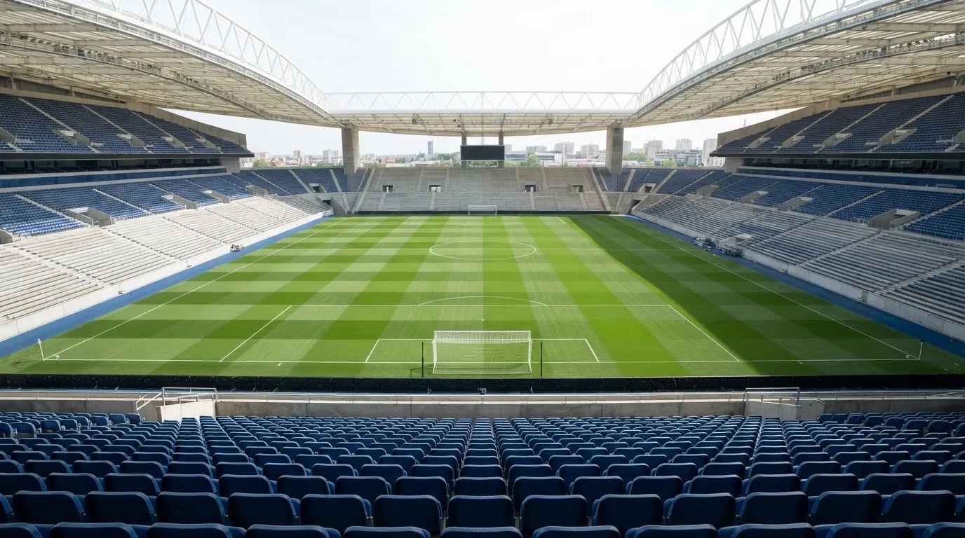 Ein leeres Fußballstadion bei Tageslicht von der Tribüne aus gesehen, der Rasen zeigt gleichmäßige Mähstreifen.