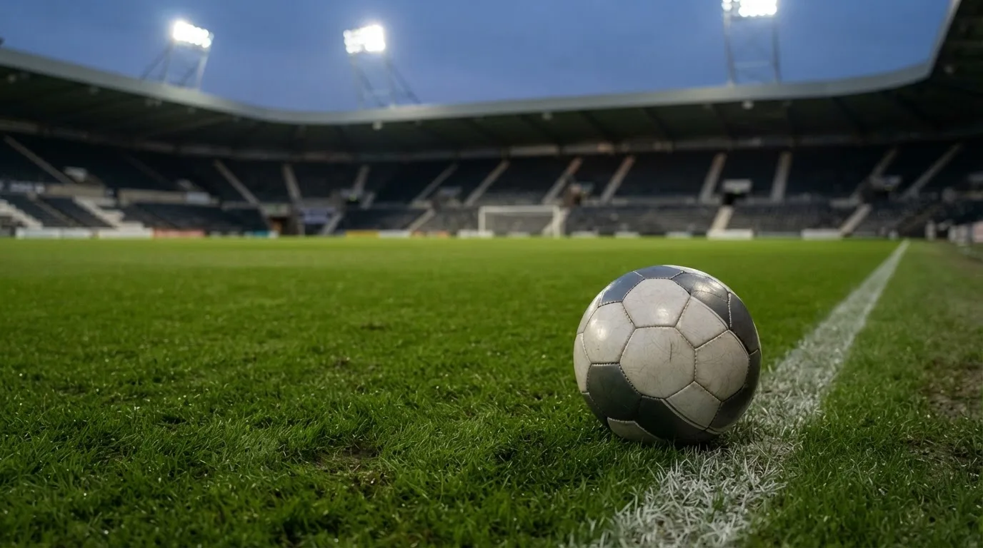Ein Fußball liegt auf dem Rasen eines leeren Platzes, im Hintergrund ein Stadion unter Flutlicht in der Abenddämmerung.