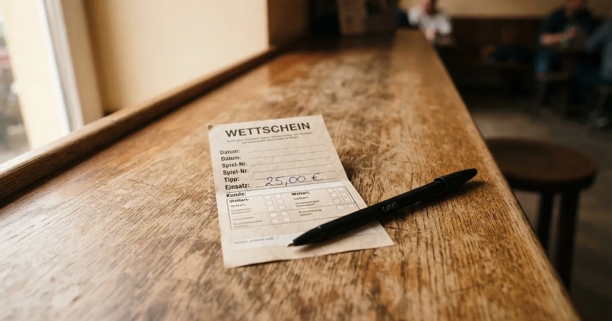 Ein leerer Wettschein aus Papier liegt neben einem Stift auf einer hölzernen Theke, weiches Licht fällt von der Seite ein.
