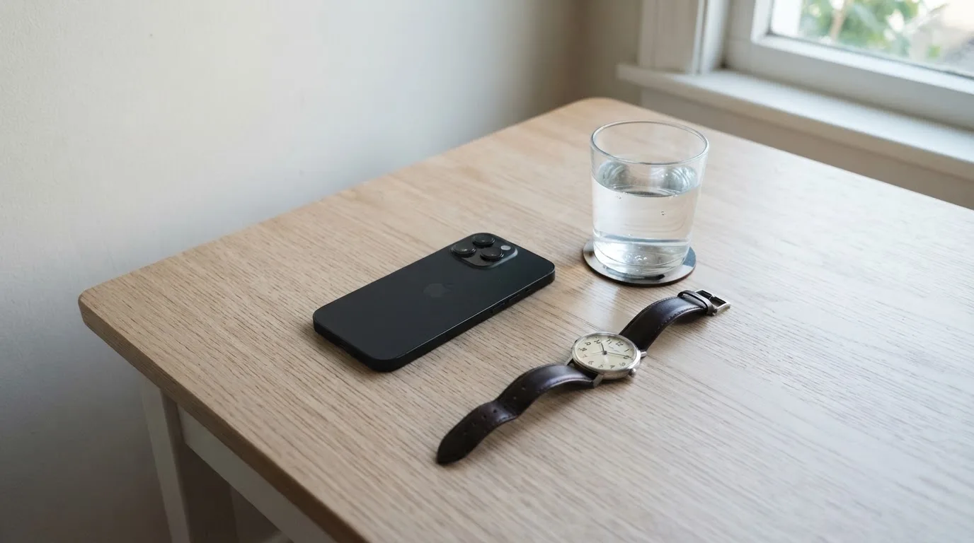 Ein Smartphone liegt mit dem Display nach unten auf einem Küchentisch, daneben stehen ein Glas Wasser und eine Armbanduhr.