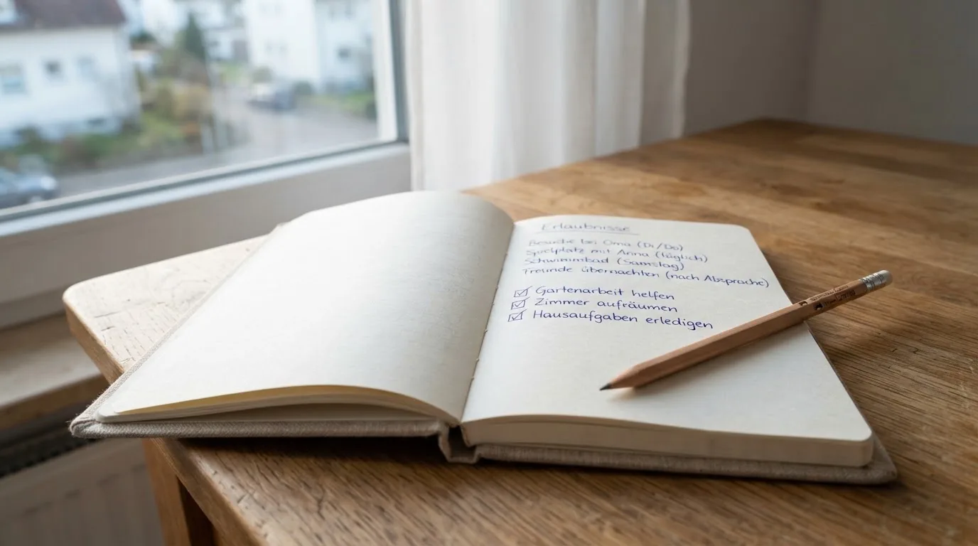 Ein Notizbuch mit handschriftlichen Notizen und ein Bleistift liegen auf einem Schreibtisch am Fenster, draußen fällt Morgenlicht herein.