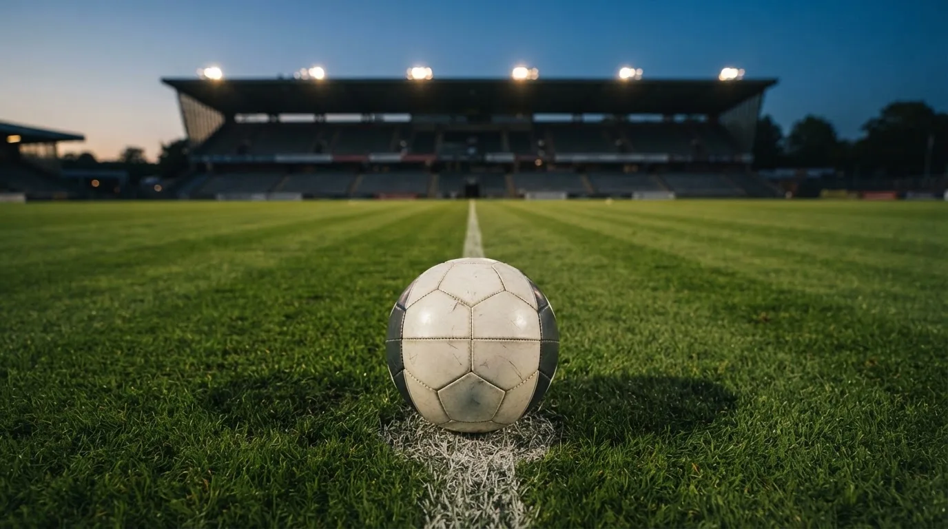 Ein Fußball liegt auf dem Anstoßpunkt eines leeren Rasenplatzes, im Hintergrund steht ein Stadion unter Flutlicht in der Dämmerung.