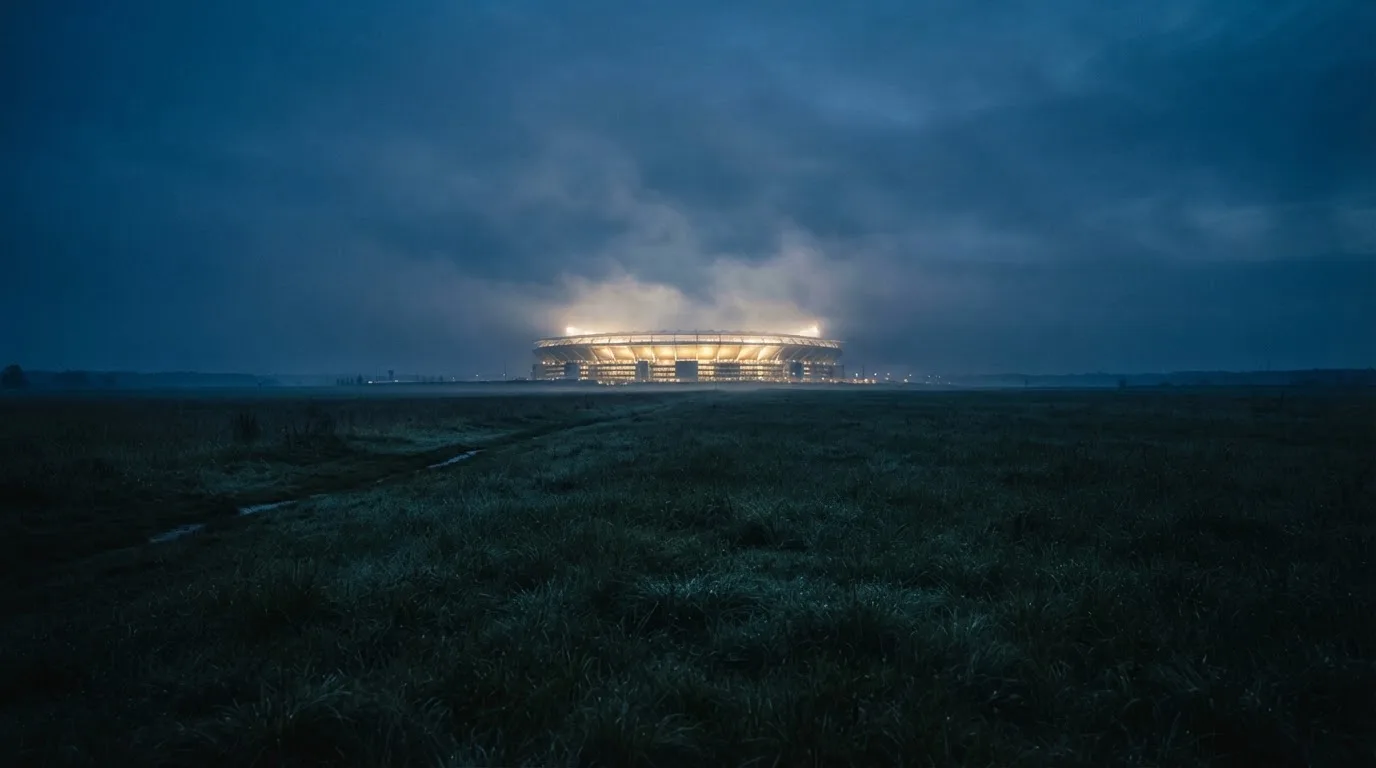 Ein Stadion unter Flutlicht, aus großer Entfernung über eine dunkle Wiese fotografiert, am Himmel zieht Nebel auf.