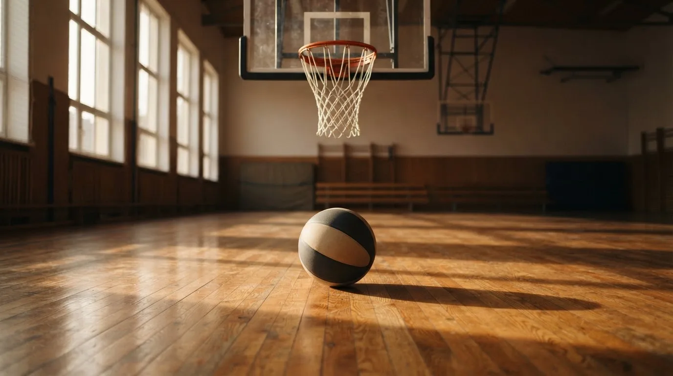 Ein Basketball liegt auf dem Hallenboden unter einem Korb, das Netz hängt ruhig, Morgenlicht fällt durch hohe Fenster.