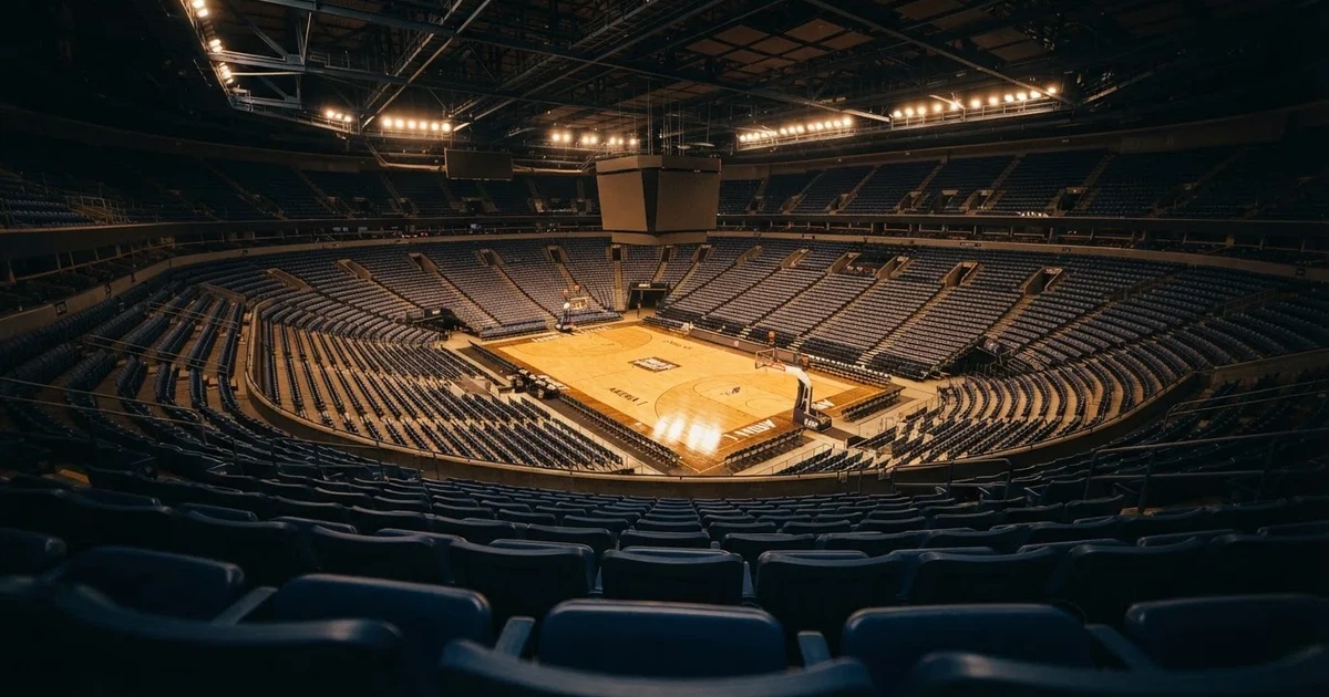 Eine leere Basketballhalle von einer oberen Tribünenreihe aus gesehen, Parkett und Körbe im Licht der Hallenstrahler.