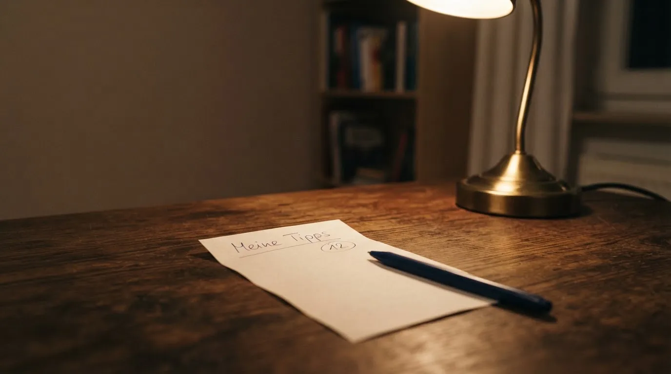 Ein leerer Wettschein aus Papier und ein Kugelschreiber liegen auf einer Tischplatte neben einer kleinen Tischlampe.
